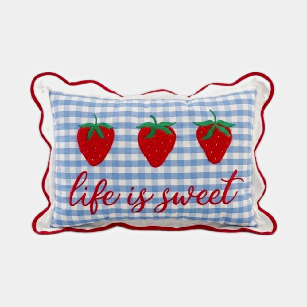 Life Is Sweet Strawberry Embroidered Gingham Cotton Rectangular Throw Pillow